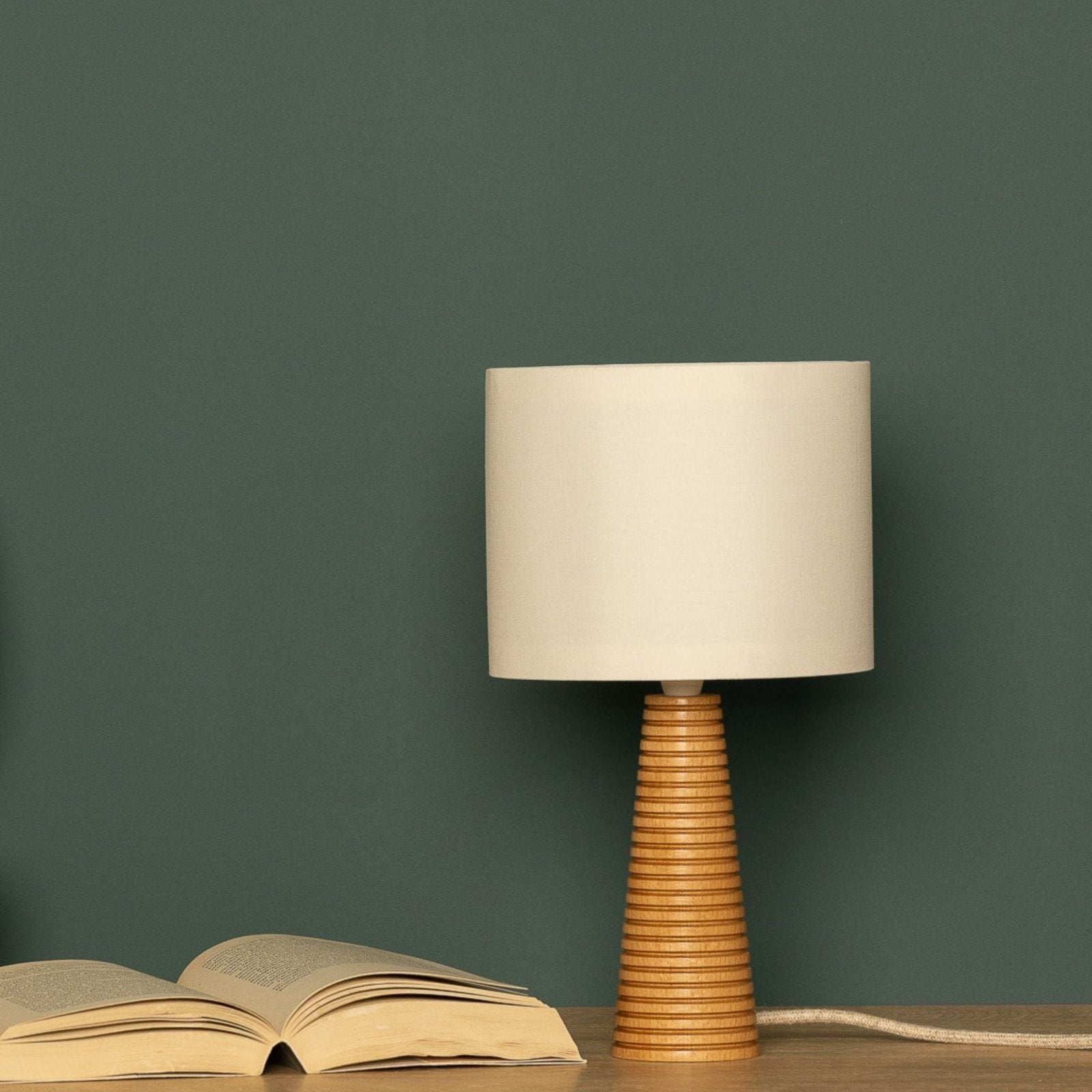 NordicGlow - Wooden Table Lamp with Pleated Base and Fabric Shade