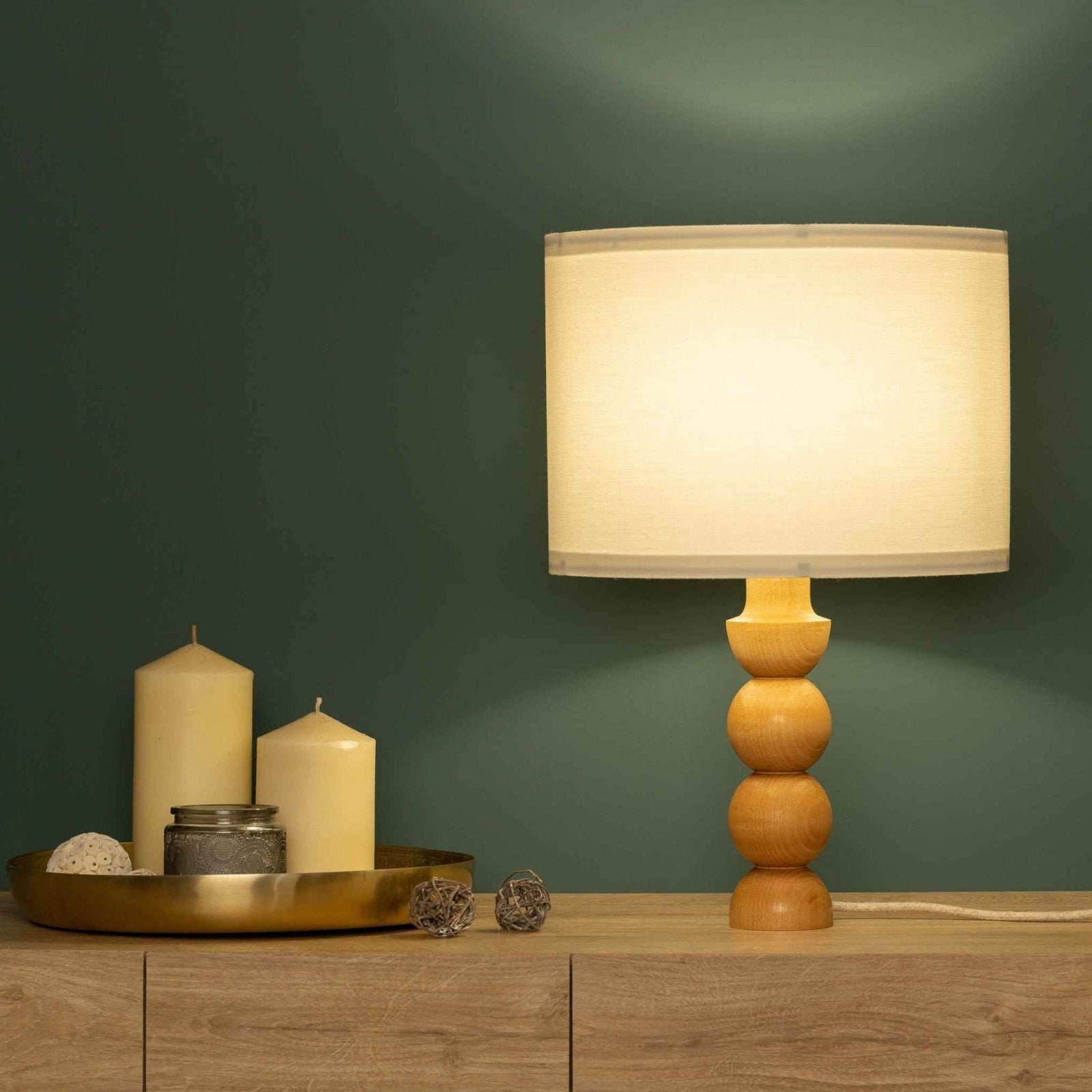 LumiWood – Wooden Table Lamp with Fabric Shade, Scandinavian Nightstand Lamp