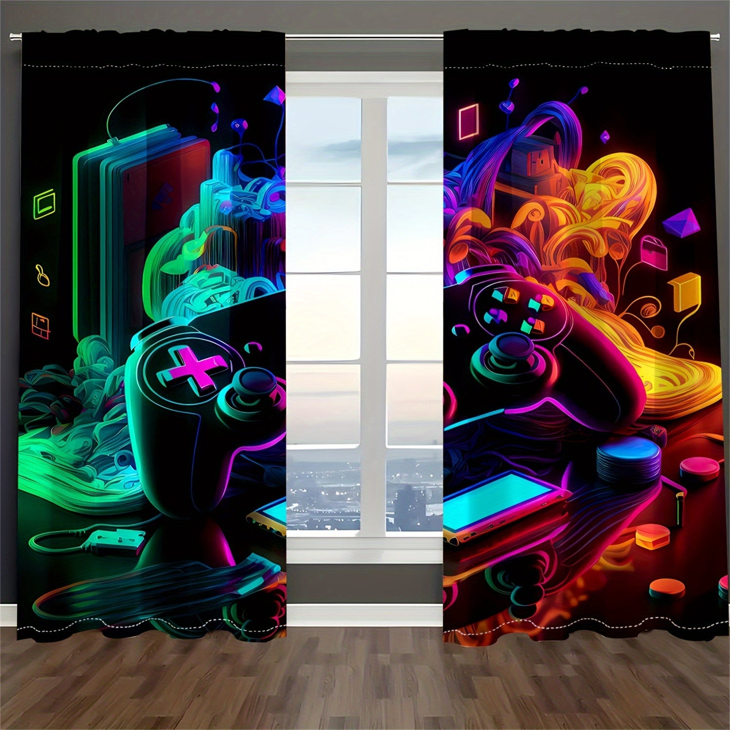 Cortinados Translúcidos - 2 Peças com Estampa Colorida de Comando de Jogos para Quarto e Sala de Estar