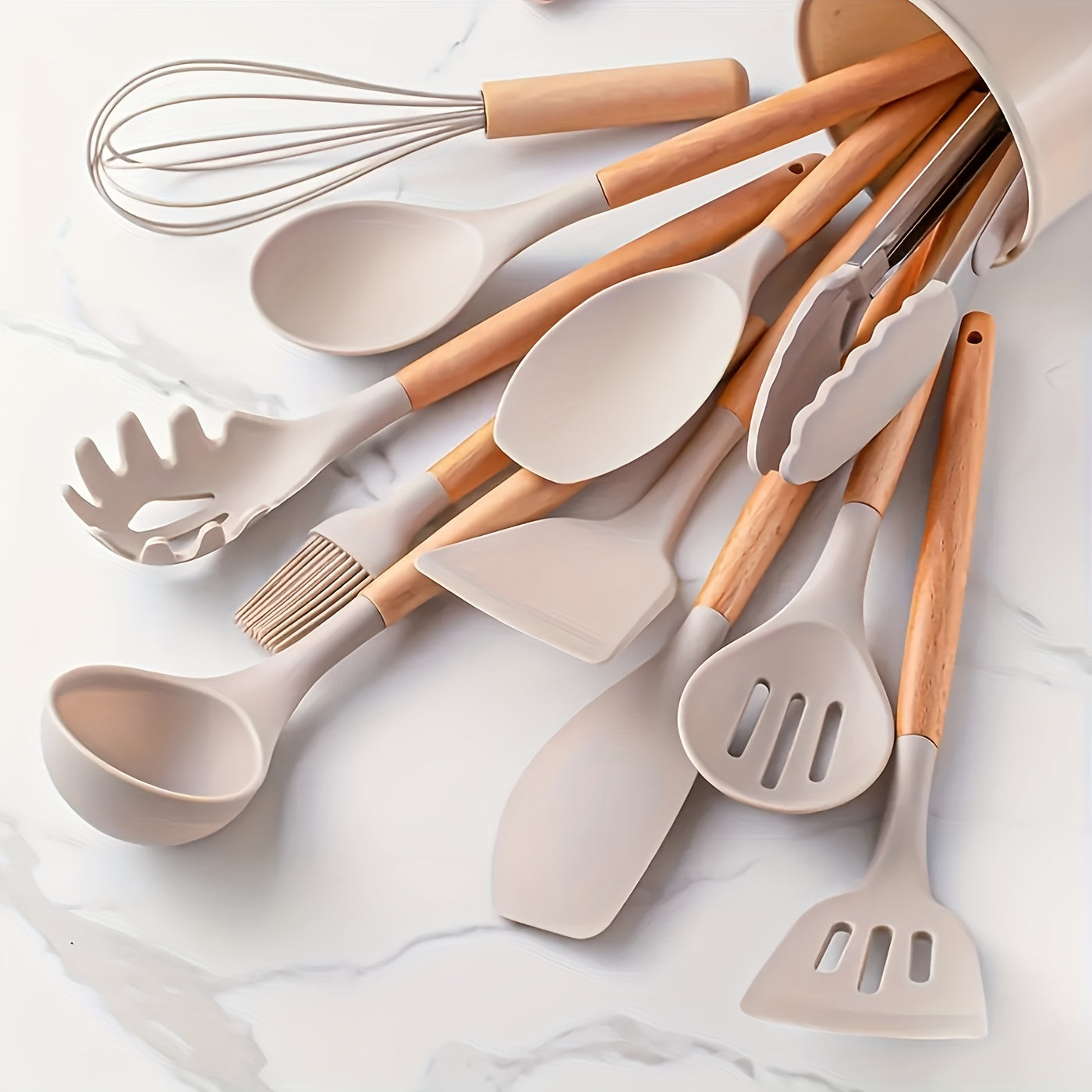 Set Utensili Cucina Silicone Manici Legno Resistenti Calore