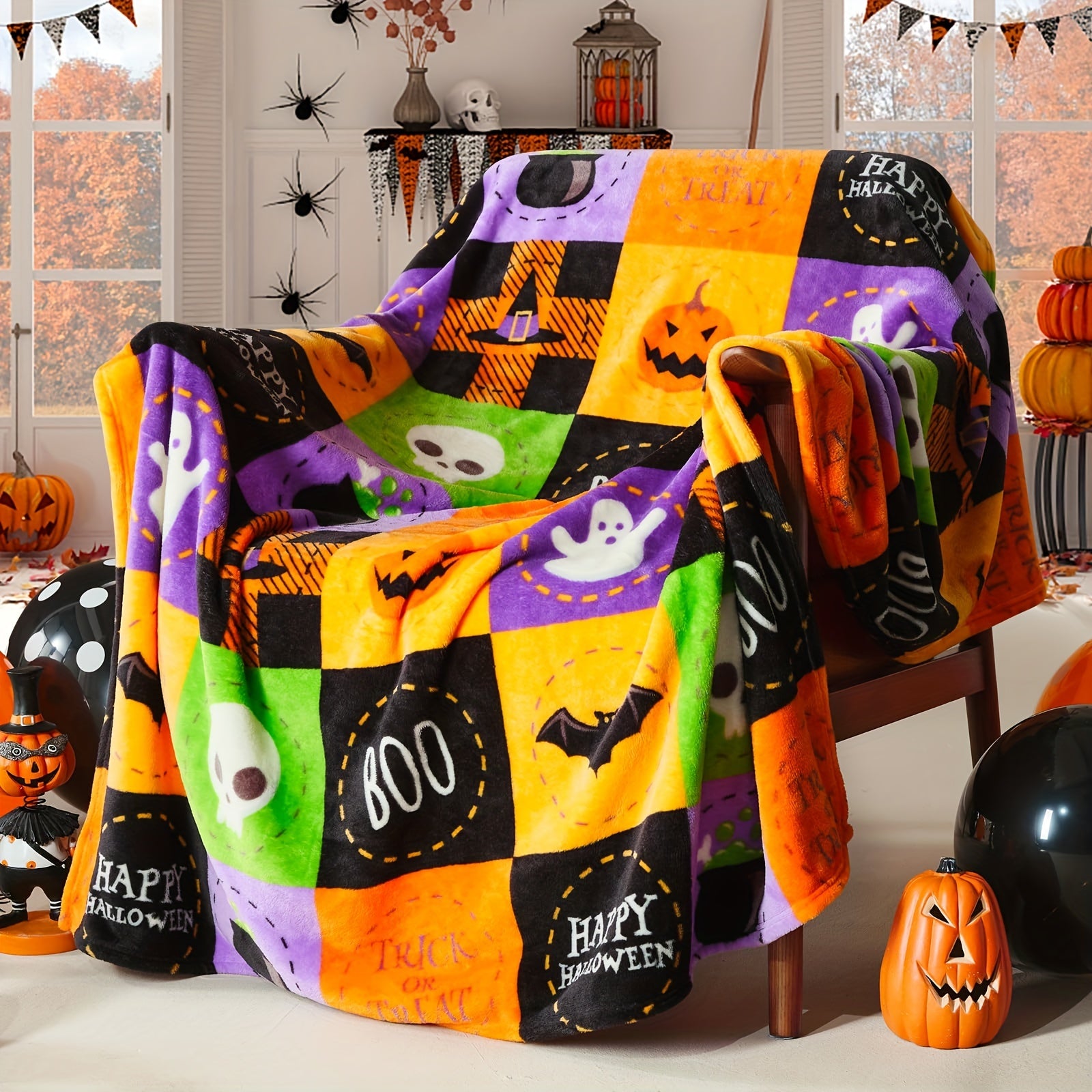 Manta de Pano de Lã às Quadrículas para o Halloween - Manta Suave e Luxuosa de Flanela para Sofá ou Cama