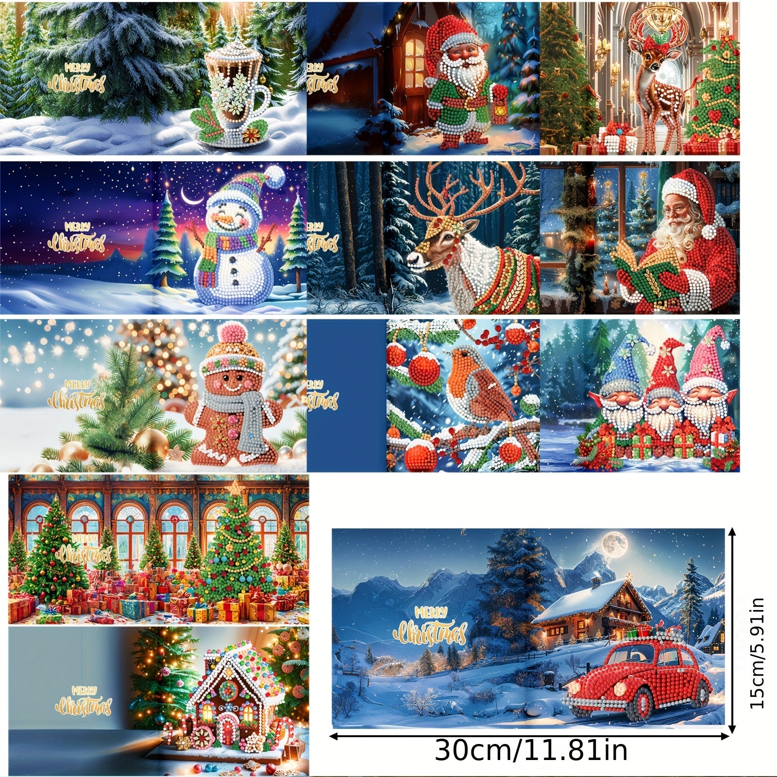 Kit di Biglietti di Natale con 12 pezzi per Pittura Diamante Fai-da-te - Design di Babbo Natale e Animali, Biglietti di Auguri Festivi per Auguri di Natale e Favoriti delle Feste