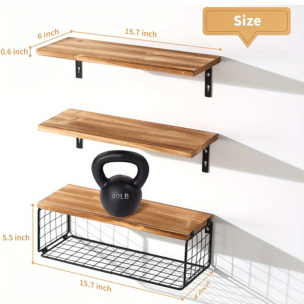 TowelShelf - 3 Pcs Wooden Floating Storage Rack - Wall-Mounted Bathroom Shelves