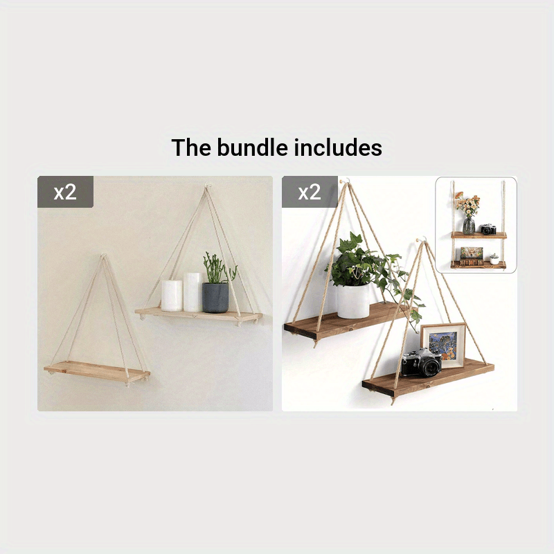 DecoShelf - Wooden Floating Shelf with Adjustable Hemp Rope - For Plants and Decoration
