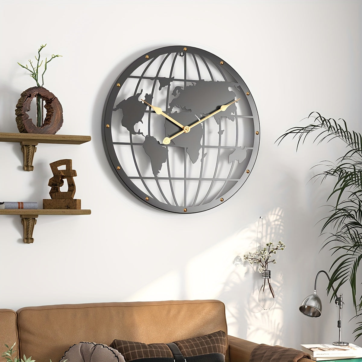 Wereldkaart Wandklok - Stille 40cm Metalen Klok met Gouden Cijfers