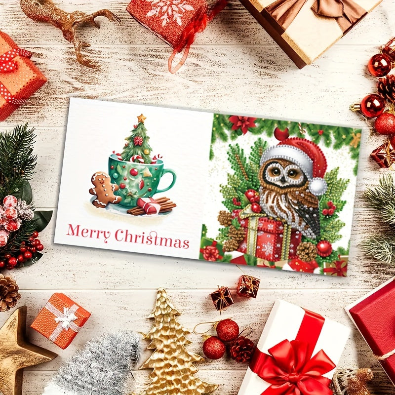 Conjunto de 6 Cartões de Pintura com Diamantes de Natal - Conjunto Festivo Feito à Mão com Motivos de Pai Natal, Coruja e Presentes para Votos de Natal, Forma Irregular de Diamante