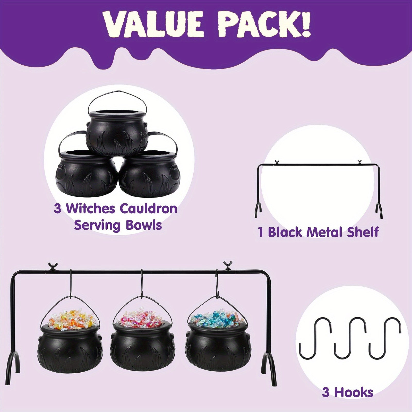 WitchServe Witch Cauldron Set - 3-piece Metal Halloween Decoration Set