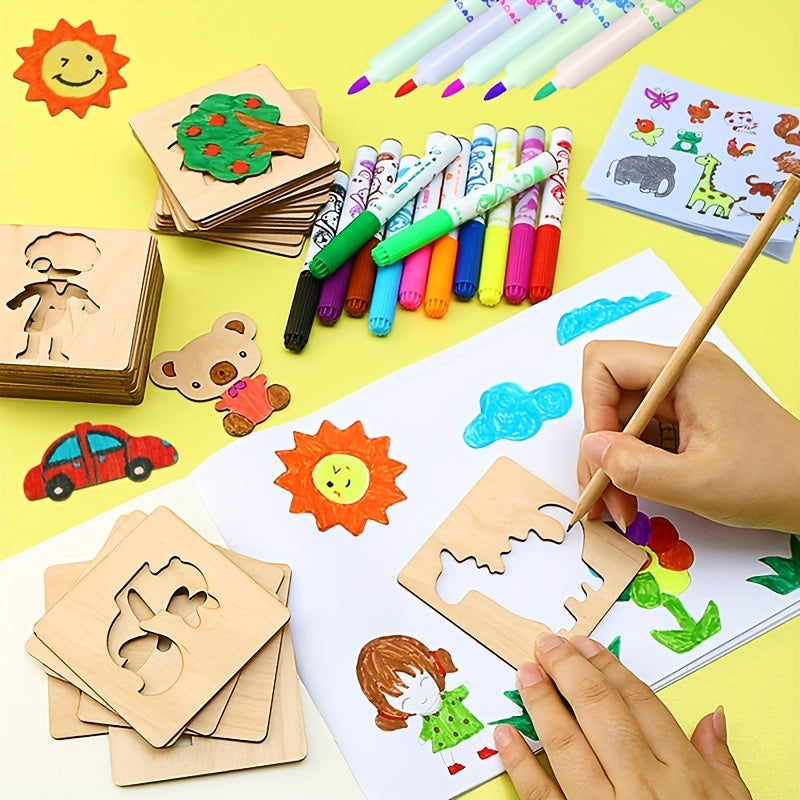 Conjunto de Brinquedos de Desenho Montessori com 20 Peças - Modelos de Pintura em Madeira para Fazer Você Mesmo, Brinquedo Educativo de Aprendizagem