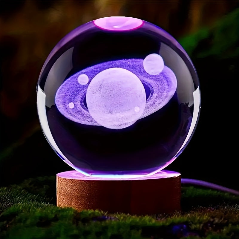 LumiSphere - Lâmpada Noturna LED de Bolas de Cristal 3D com Base de Madeira