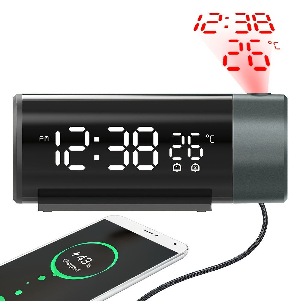 ProjectElite - Modern Black Projection Alarm Clock with Dual Time and Temperature Display