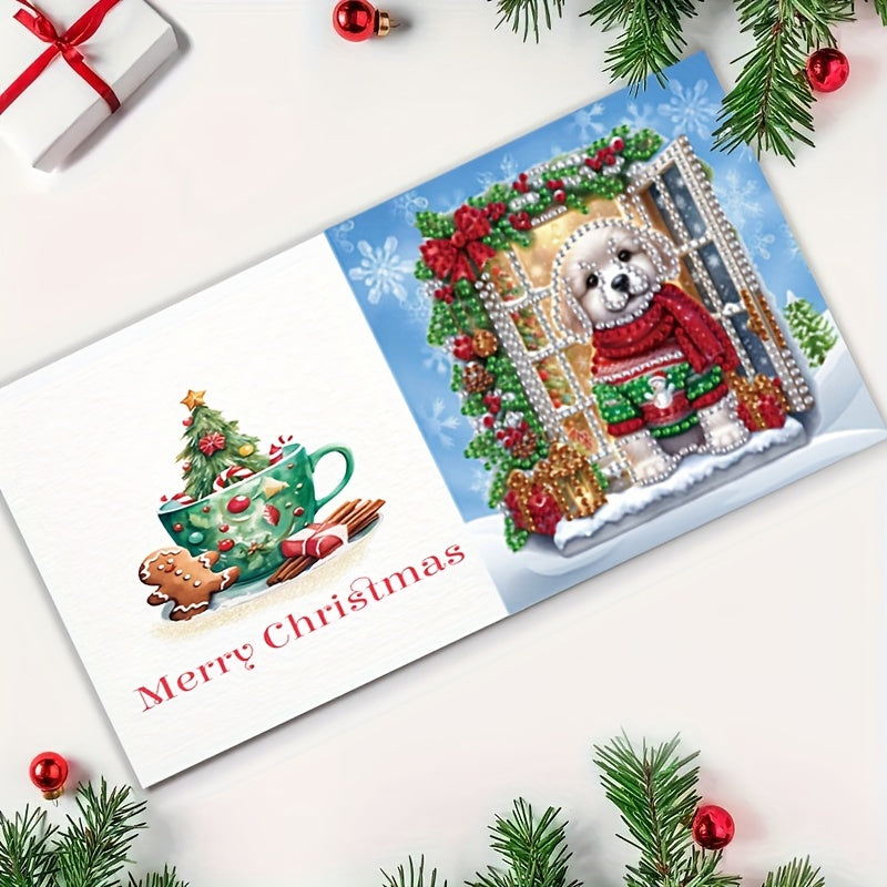 Confezione da 6 di Biglietti di Auguri con Diamante - Design di Cagnolino di Neve e Albero di Natale