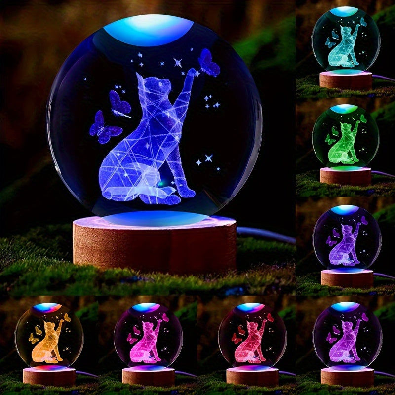 CrystalGlow - Lâmpada Noturna 3D de Gato e Borboleta em Cristal com Base de Madeira
