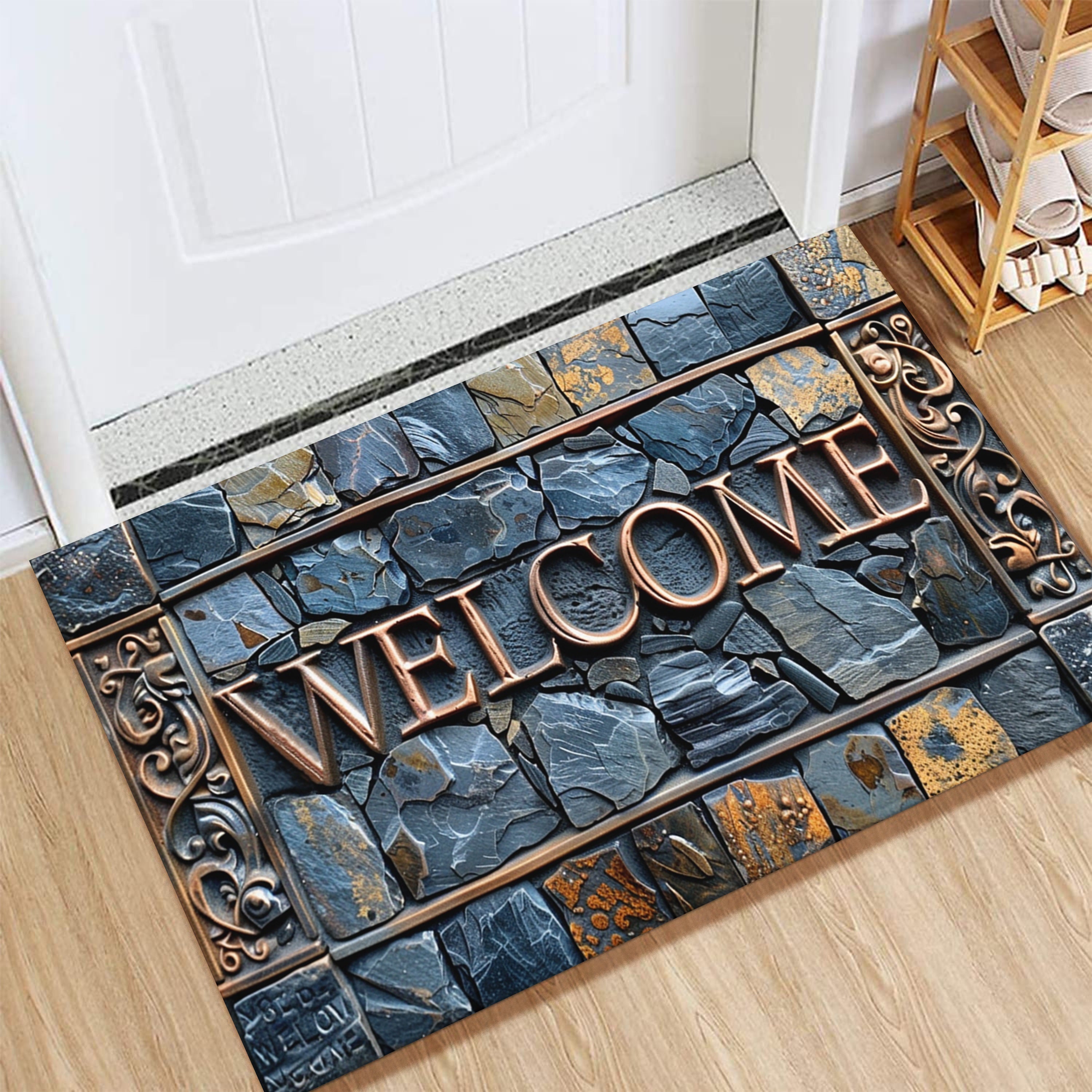 Welcome 3D Tappeto di Pietra – Antiscivolo, Impermeabile e Lavabile – Per Interni ed Esterni
