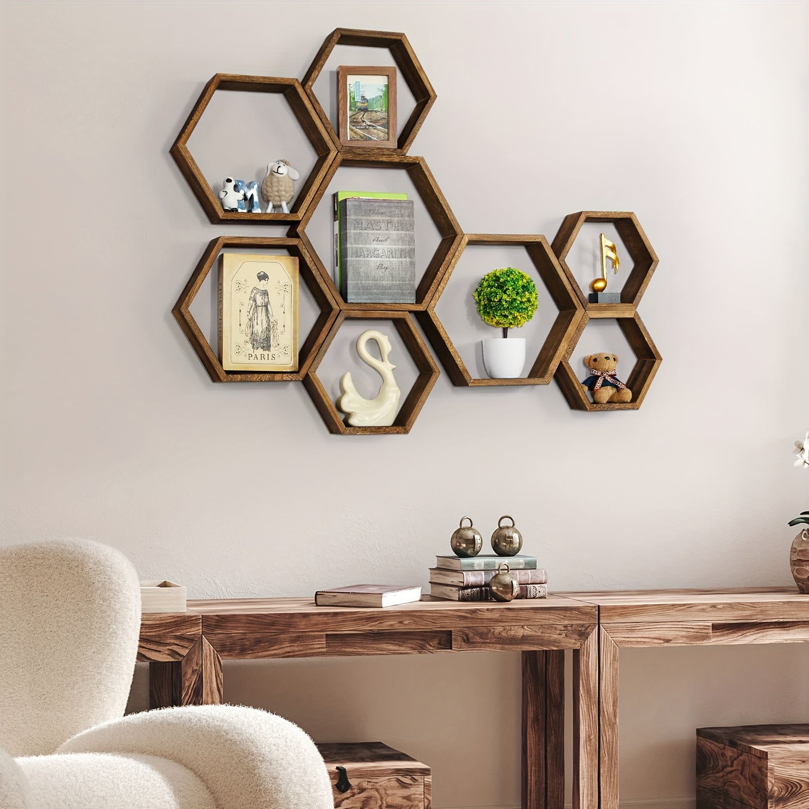 HexaWood - 3 Pieces Wooden Hexagonal Floating Wall Shelves for Kitchen, Living Room & Bedroom
