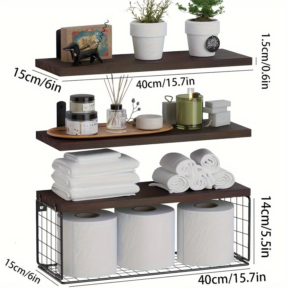 RusticWood - Wooden Floating Wall Shelf Set with Storage Basket