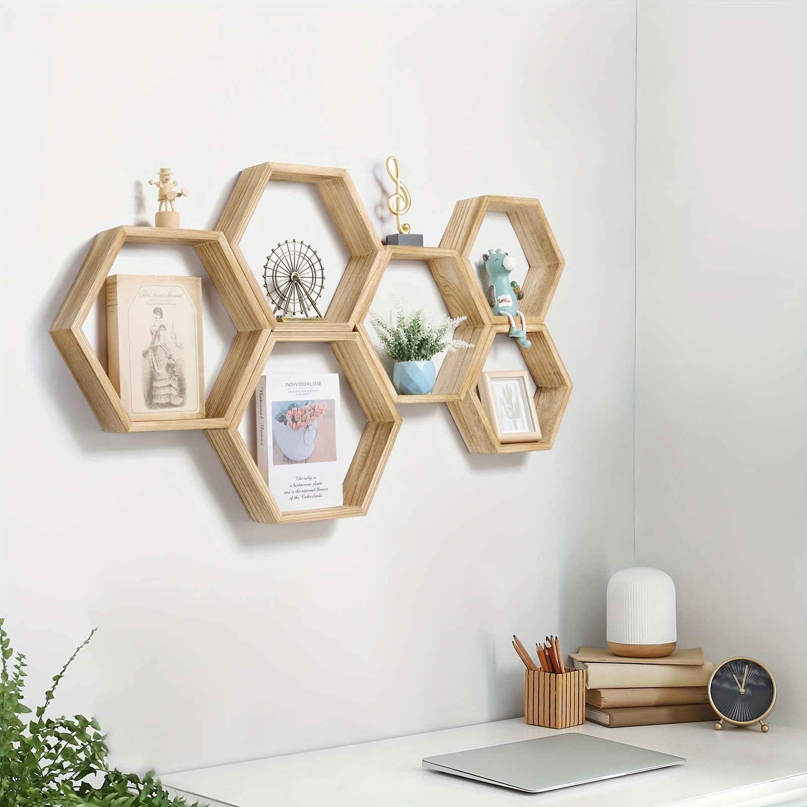 HexaWood - 3 Pieces Wooden Hexagonal Floating Wall Shelves for Kitchen, Living Room & Bedroom