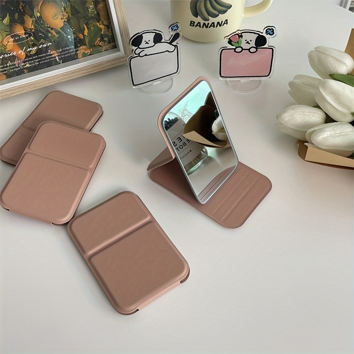 Opvouwbare Mini Make-up Spiegel – Draagbare PU Lederen Tafelspiegel, Perfect voor Dagelijks Gebruik in Studentenwoningen