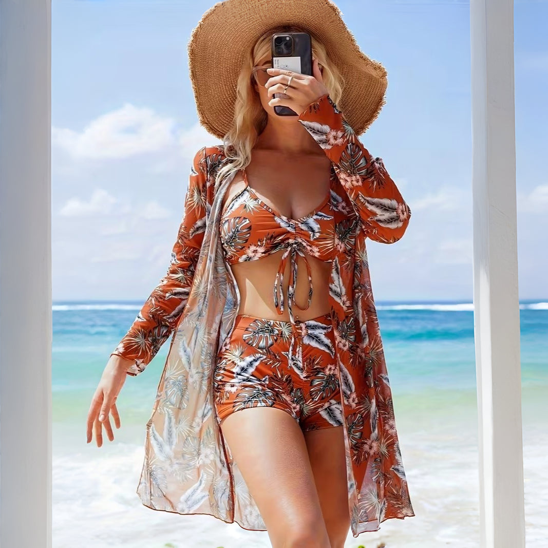 Bikini Donna Set 3 Pezzi Vita Alta Cover Up Spiaggia