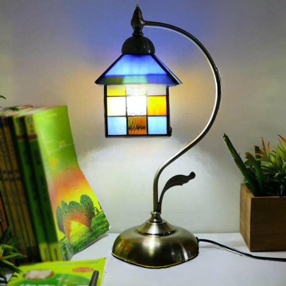 Lampada da tavolo Tiffany a collo d'oca - Lampada da comodino in metallo con paralume in vetro intagliato a mano