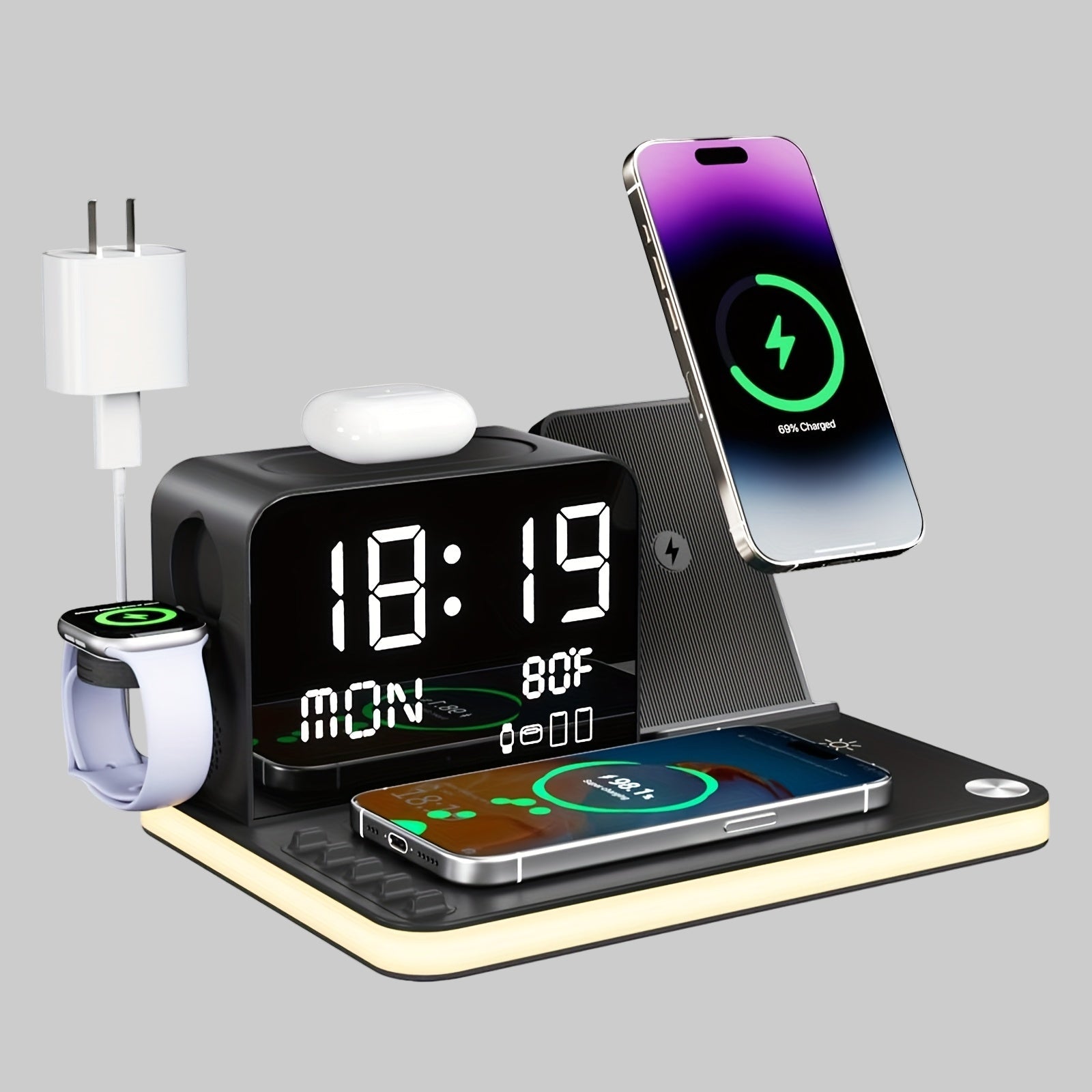 Wireless Charging Station Night Light Multifunctional USB C Charger Stand