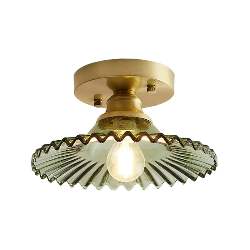 Lampada da soffitto semi-incassata industriale con paralume in vetro verde rigato