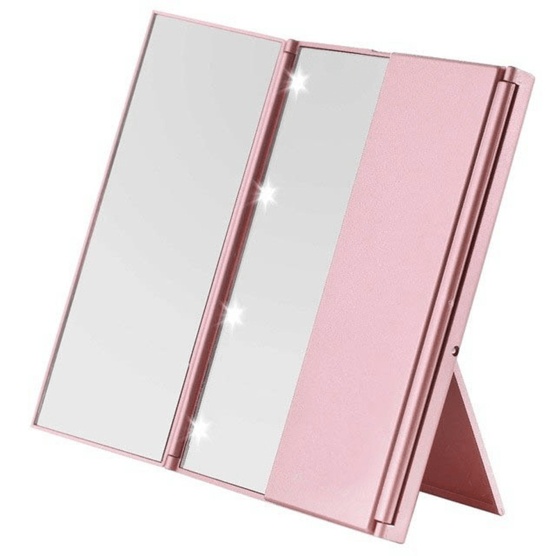 Espelho de Maquilhagem LED Trilateral – Espelho Trifold Dobrável Portátil com Iluminação