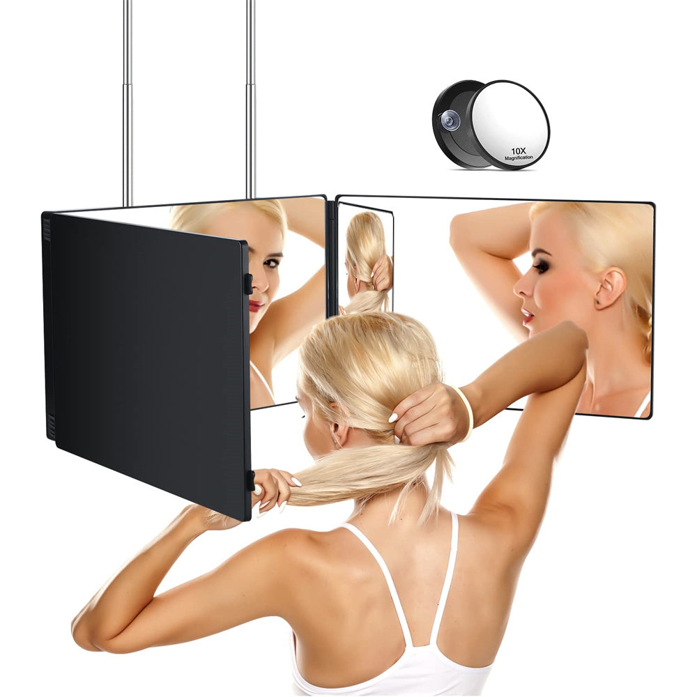 Specchio LED a 3 vie per taglio capelli fai-da-te - Specchio per trucco e parrucchiere, vista a 360 gradi, a tre parti con illuminazione
