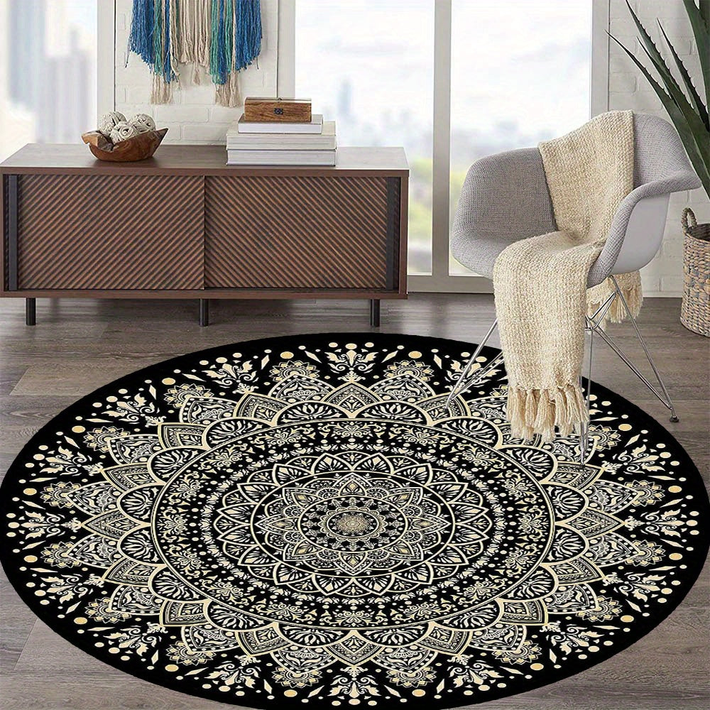 Tappeto Rotondo Mandala Nero e Oro – Tappeto Antiscivolo, Lavabile per Camera da Letto, Soggiorno, Ufficio, Lavabile in Lavatrice