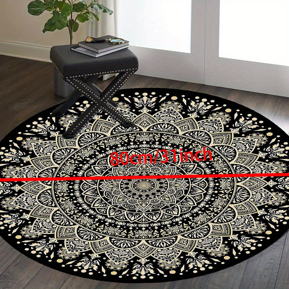 Tappeto Rotondo Mandala Nero e Oro – Tappeto Antiscivolo, Lavabile per Camera da Letto, Soggiorno, Ufficio, Lavabile in Lavatrice