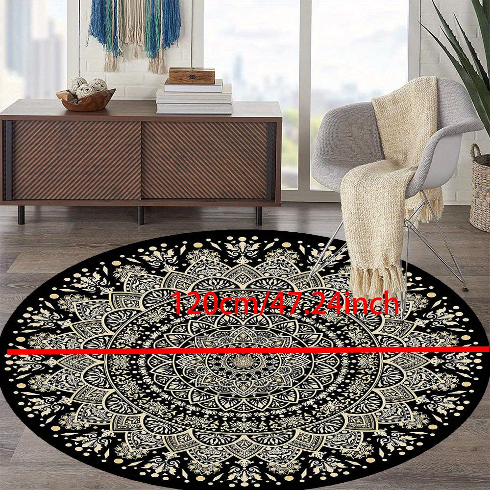 Tappeto Rotondo Mandala Nero e Oro – Tappeto Antiscivolo, Lavabile per Camera da Letto, Soggiorno, Ufficio, Lavabile in Lavatrice