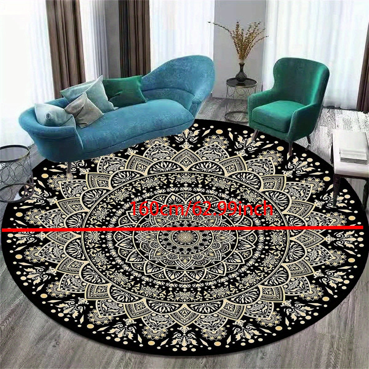 Tappeto Rotondo Mandala Nero e Oro – Tappeto Antiscivolo, Lavabile per Camera da Letto, Soggiorno, Ufficio, Lavabile in Lavatrice