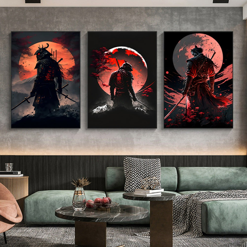 Set de 3 pinturas en lienzo samurái - Cerezo en flor al atardecer