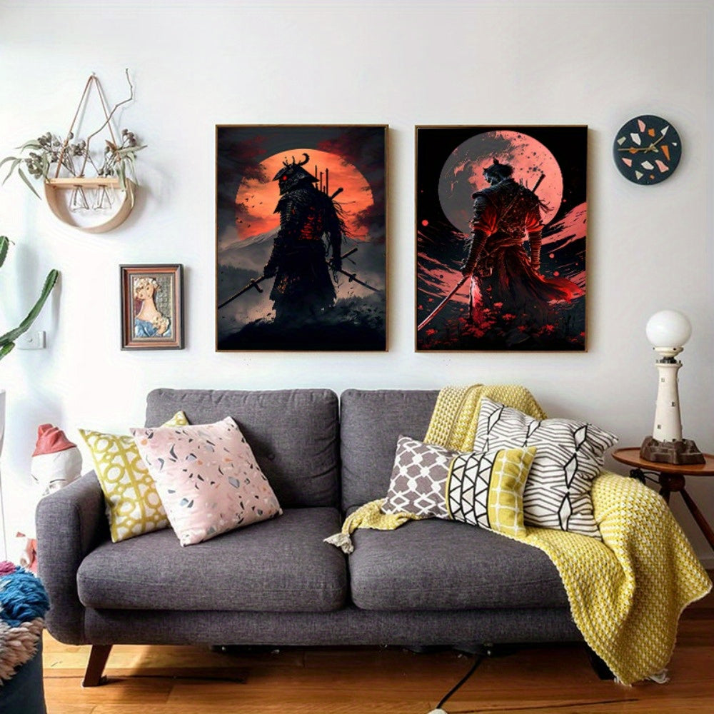 3-piece Samurai Canvas Paintings Set - Cherry Blossom Sunset