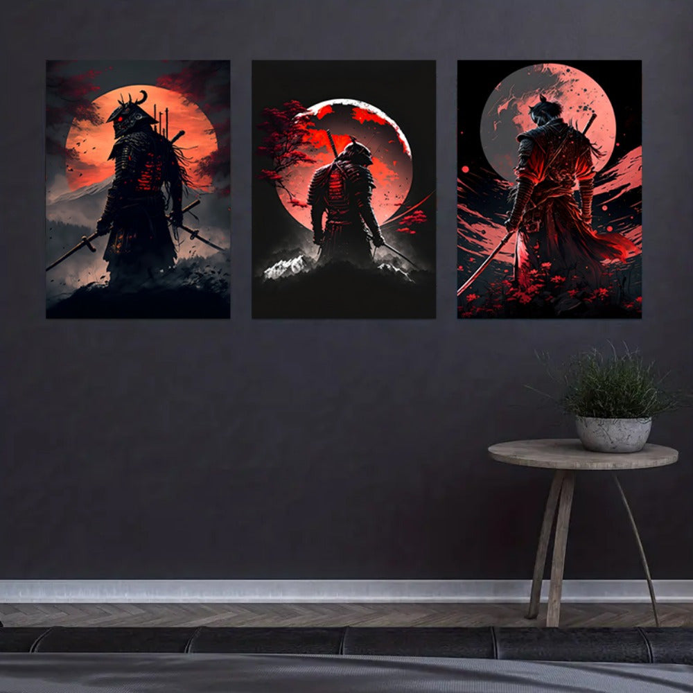 3-piece Samurai Canvas Paintings Set - Cherry Blossom Sunset