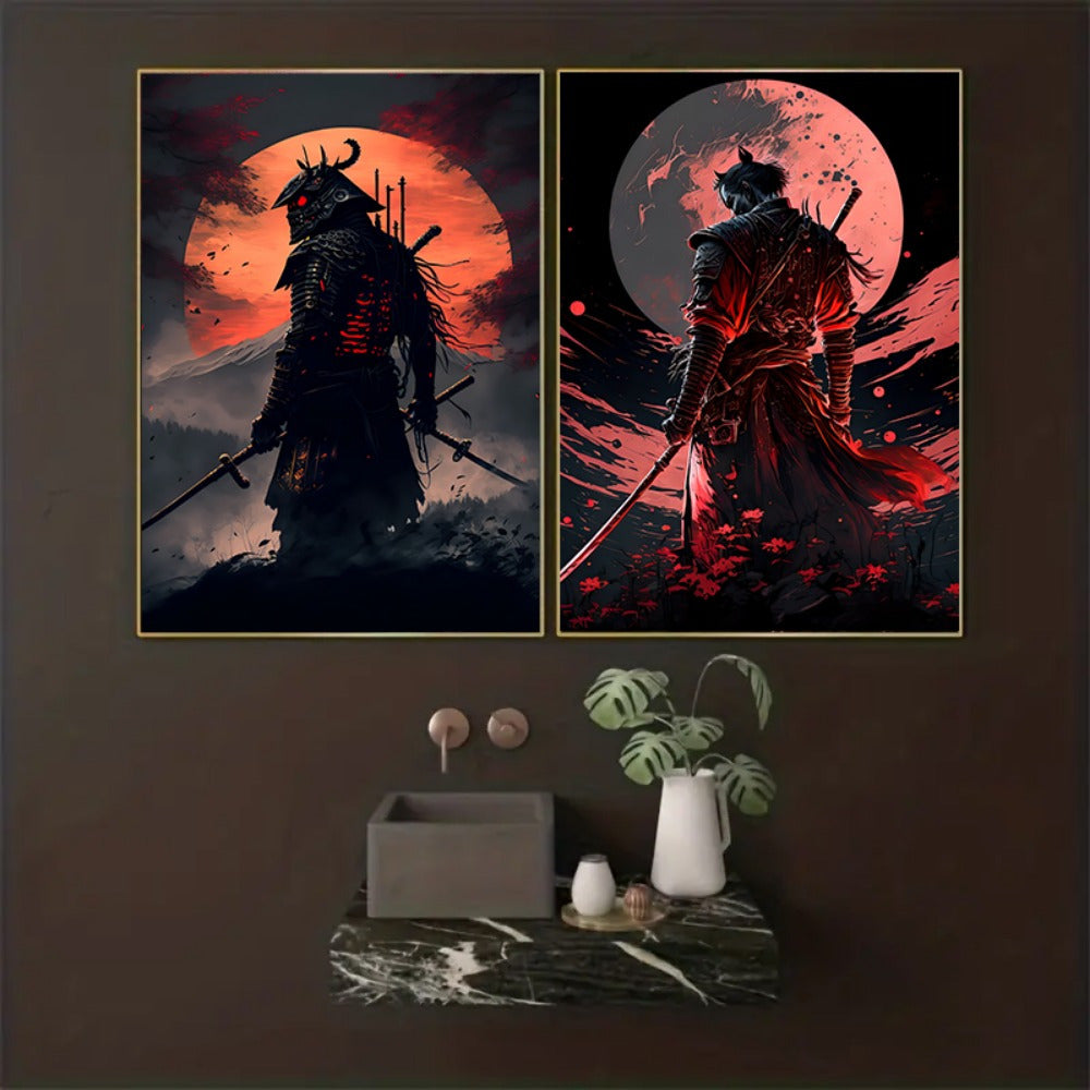 3-piece Samurai Canvas Paintings Set - Cherry Blossom Sunset