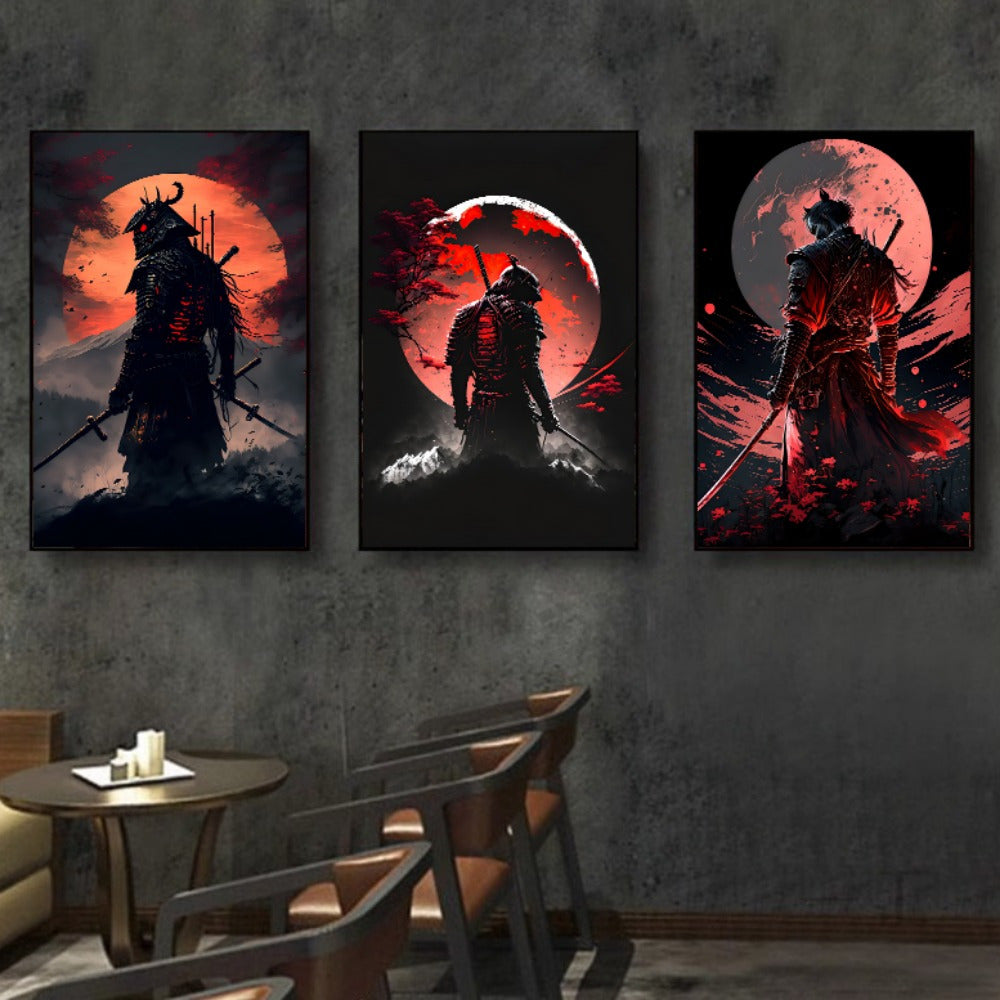 Set de 3 pinturas en lienzo samurái - Cerezo en flor al atardecer