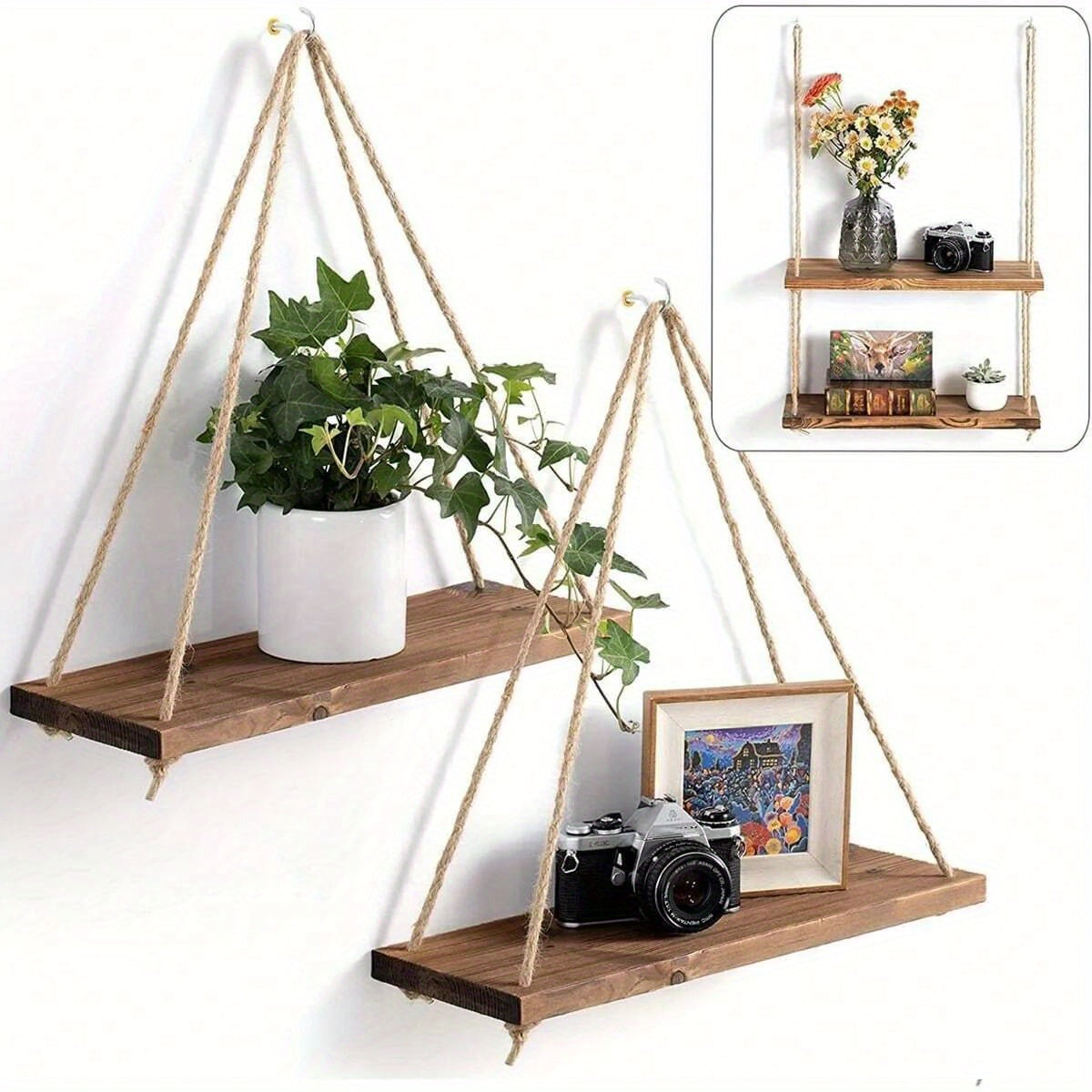 DecoShelf - Wooden Floating Shelf with Adjustable Hemp Rope - For Plants and Decoration