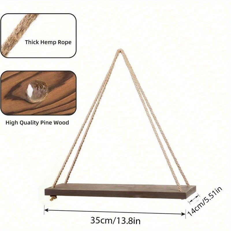 DecoShelf - Wooden Floating Shelf with Adjustable Hemp Rope - For Plants and Decoration