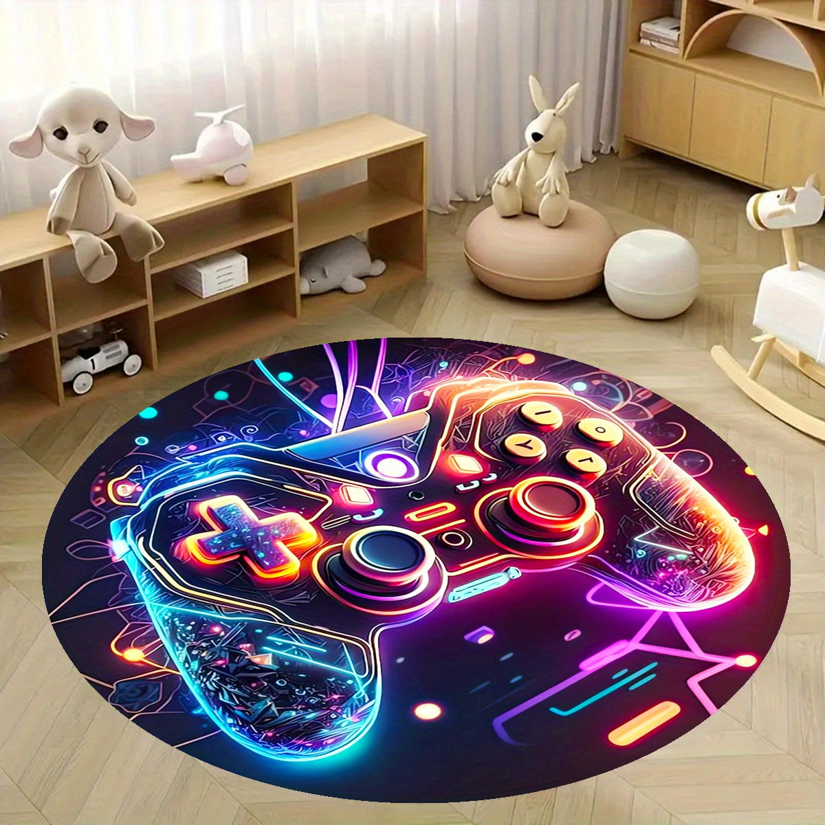 Alfombra redonda inspirada en PlayStation - Terciopelo cristal lavable para sala de estar, cocina y baño