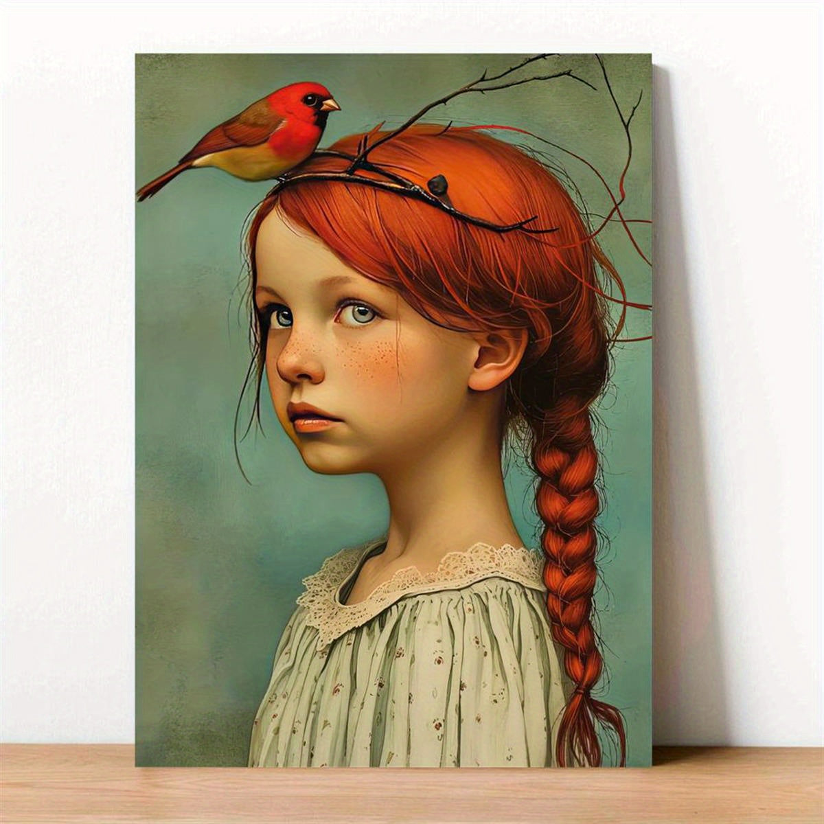 1-piece Art Deco Classic Modern Canvas Poster - Frameless Portrait of Girl and Cardinal, Wall Decoration for Home and Office Space