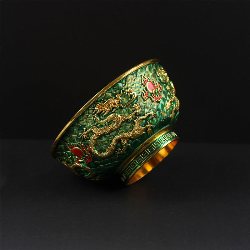 DragonBowl - Tigela Dourada Antiga com Duas Dragões Entalhados Antigos para Decoração de Casa