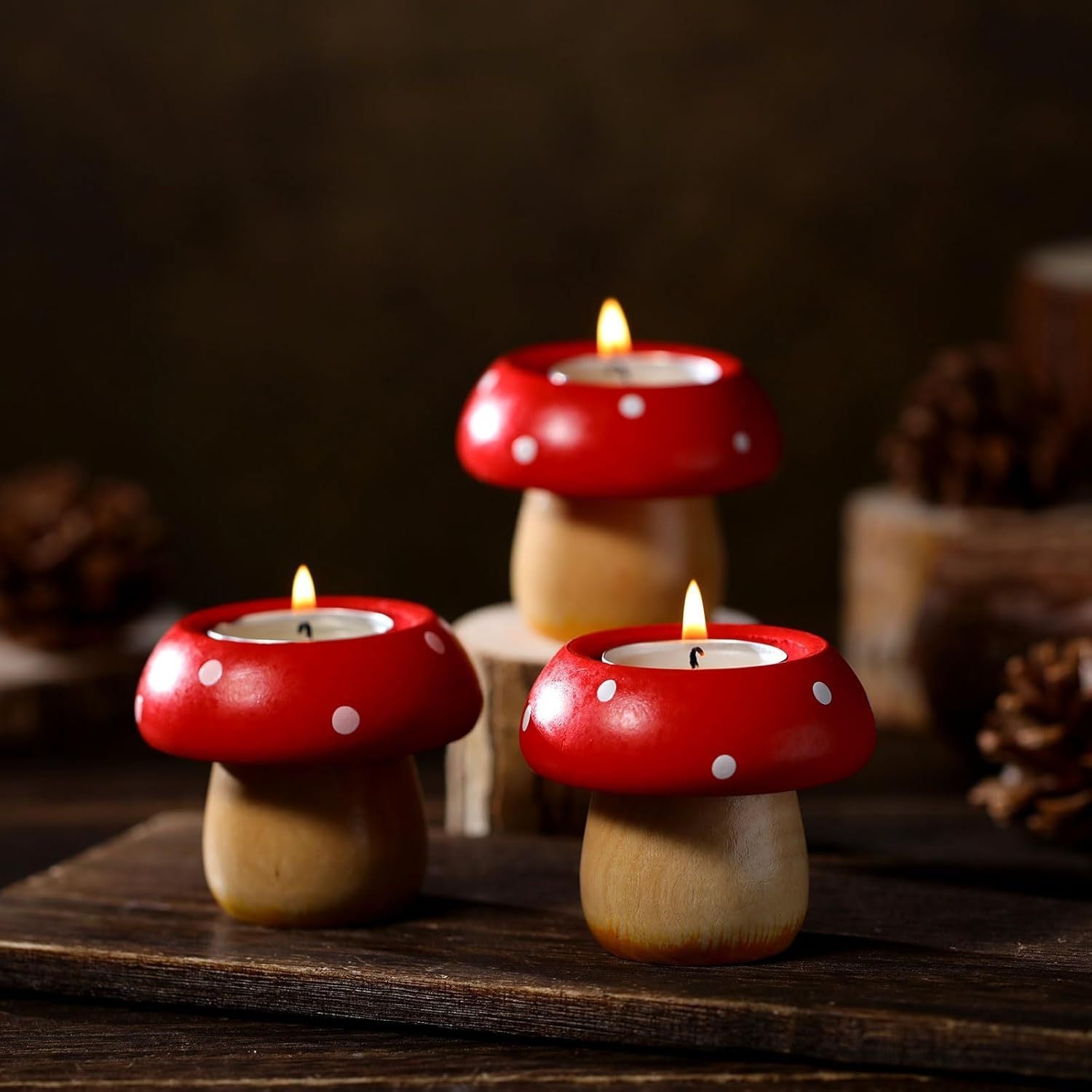 3 pieces wooden mushroom tealight holders - Cute decoration for table decor