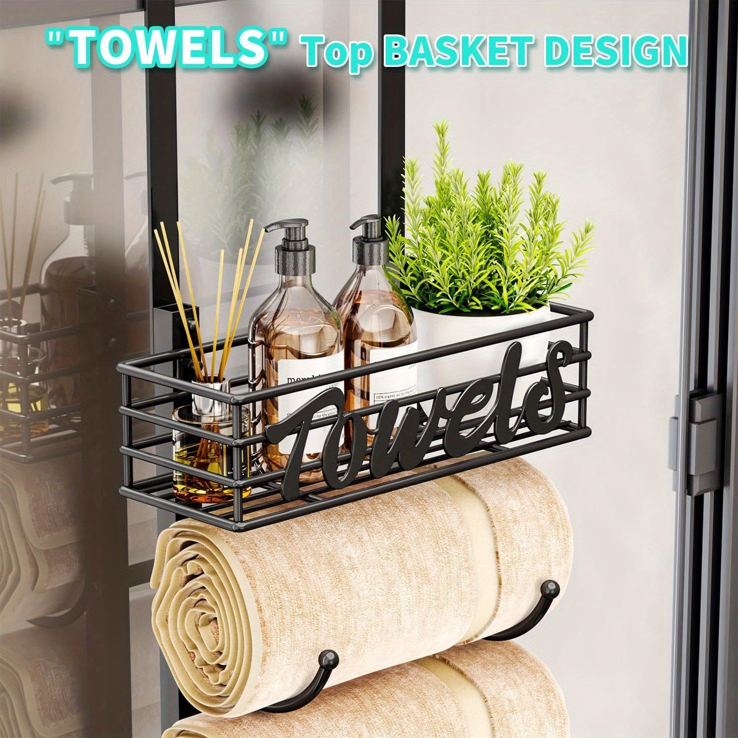 SpaceSaver - Black Metal Towel Rack for Door with Shelf for Bathroom