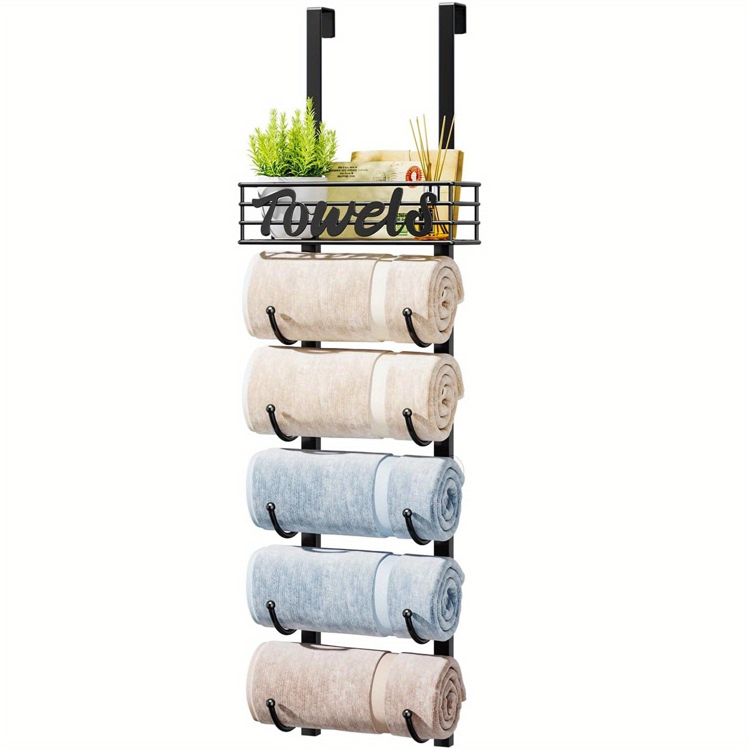 SpaceSaver - Black Metal Towel Rack for Door with Shelf for Bathroom