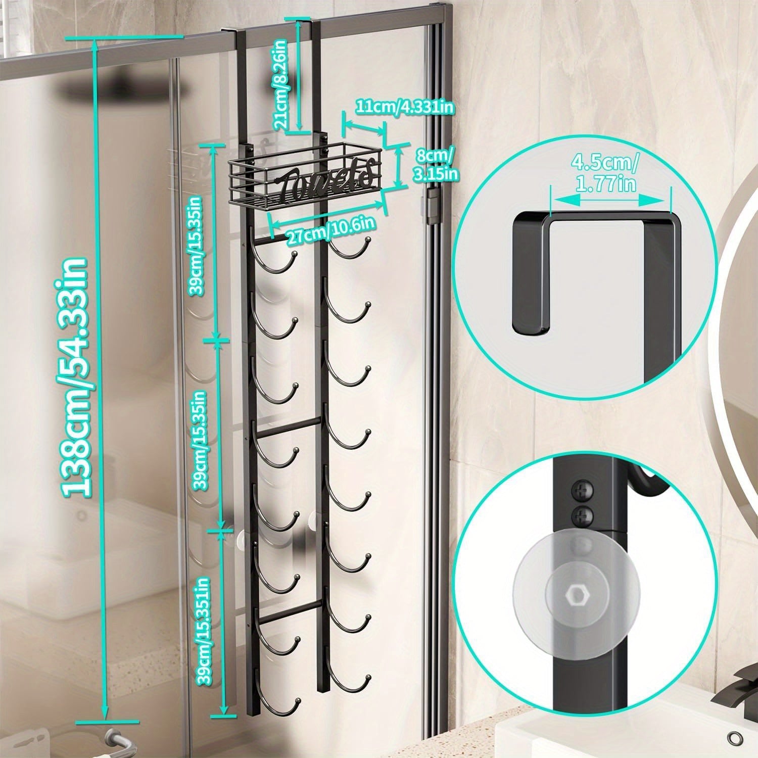 SpaceSaver - Black Metal Towel Rack for Door with Shelf for Bathroom