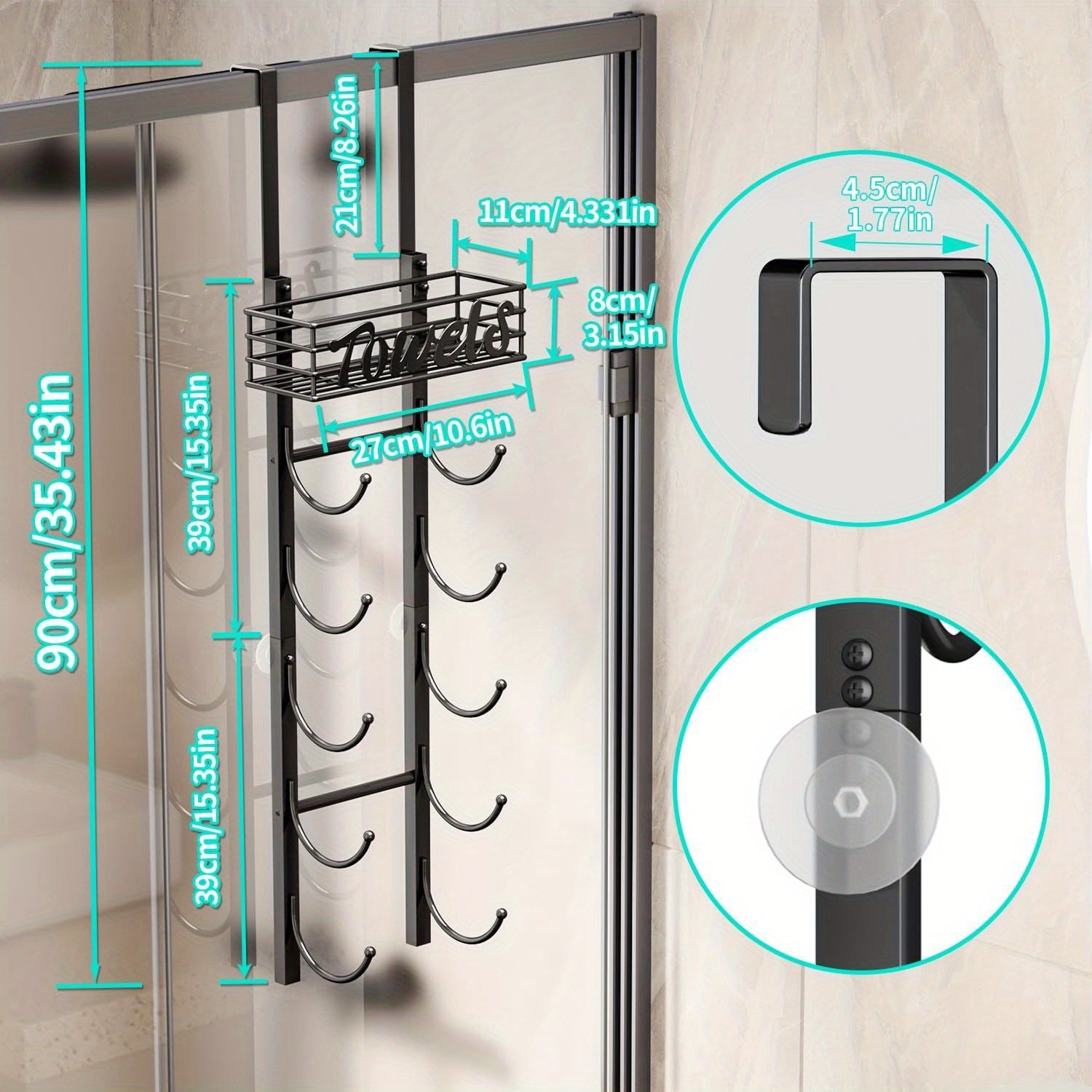 SpaceSaver - Black Metal Towel Rack for Door with Shelf for Bathroom