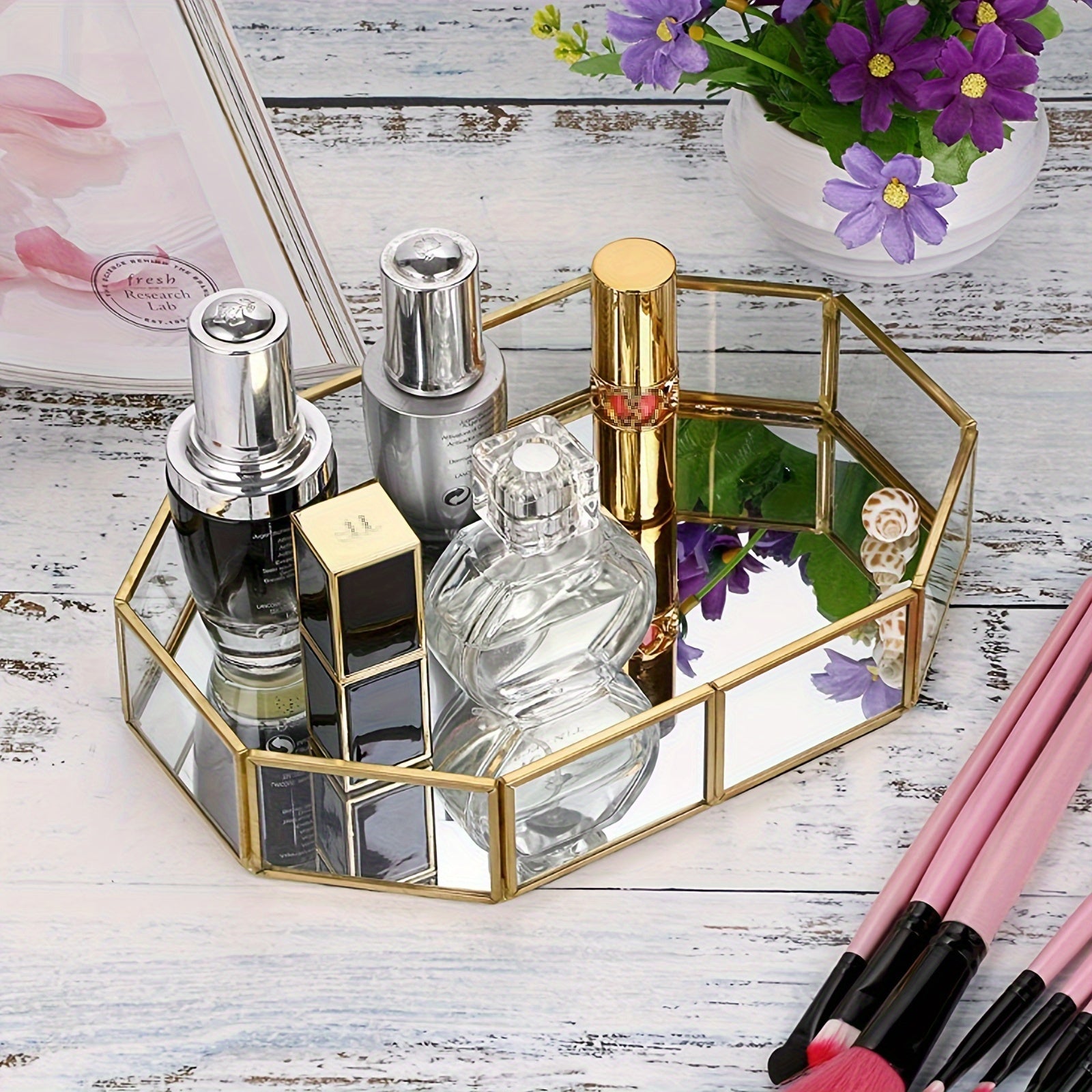 OctaGlass - Vidro de Espelho Vintage Octogonal Tabuleiro para Maquilhagem