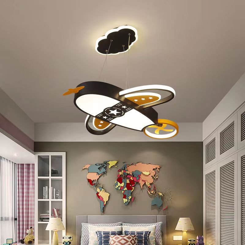 Candeeiro suspenso para quarto infantil em forma de avião com LED e lustre