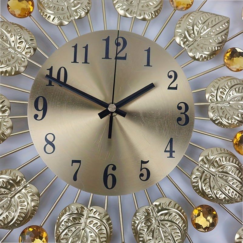 Reloj de pared moderno y silencioso con diseño de hojas doradas – Metal, reloj redondo, batería AA, sin tic-tac para sala de estar y comedor