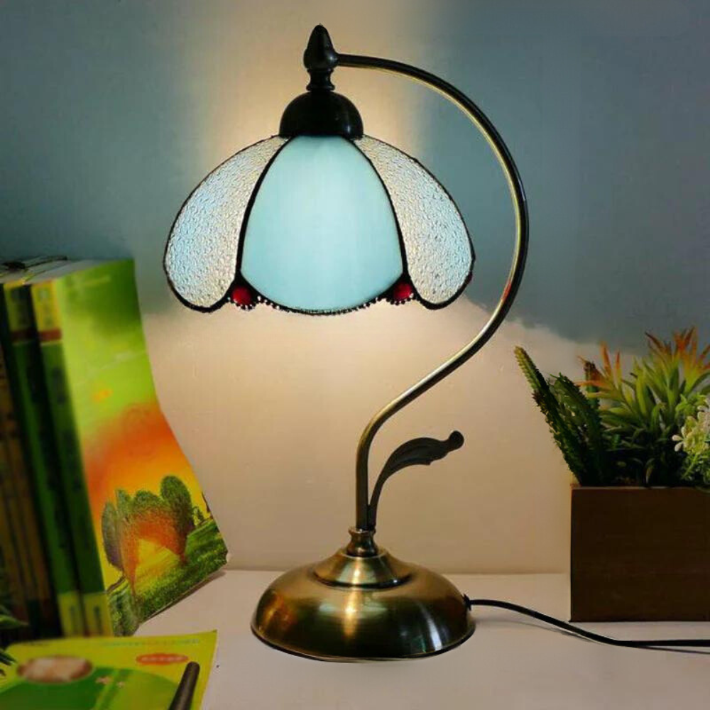 Lampada da tavolo Tiffany a collo d'oca - Lampada da comodino in metallo con paralume in vetro intagliato a mano